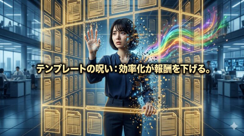 テンプレートという檻に閉じ込められ個性を失う発信者のイメージ