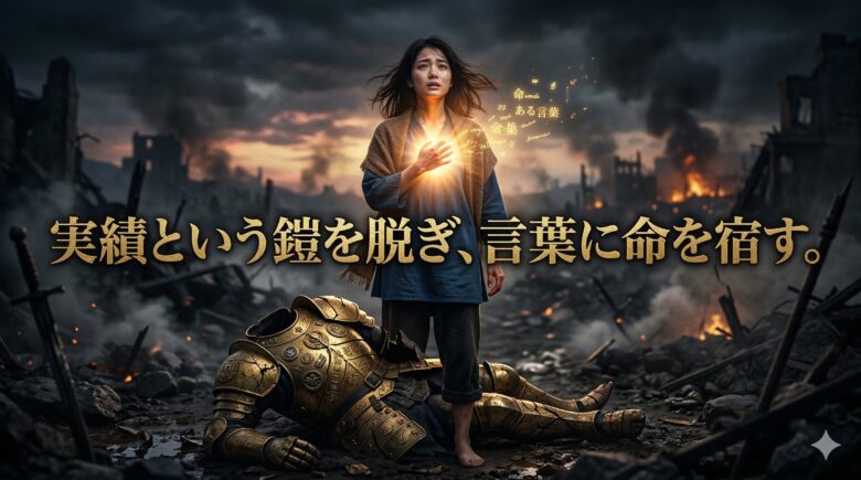 実績という鎧を脱ぎ捨て本質的な言葉を発信するイメージ