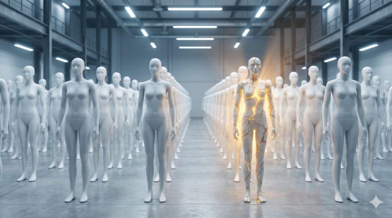 無数の同じ顔をした白いマネキン