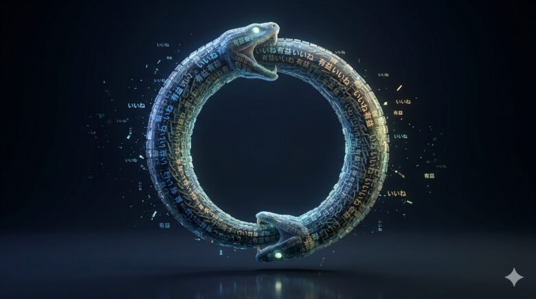 AIによる情報の再生産と人間不在の虚無感を象徴するウロボロス