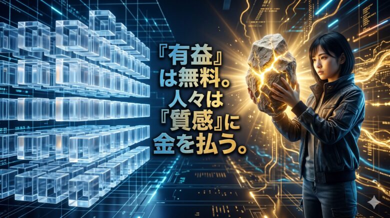 滑らかなAI情報と、手触りのある人間らしい情報の対比。