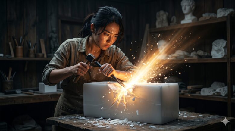 無機質な正解に自分の主観を刻み、質感を宿すプロセスのイメージ。