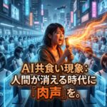 AIが生成・消費するデータの海の中で、人間らしい肉声を届けるイメージ