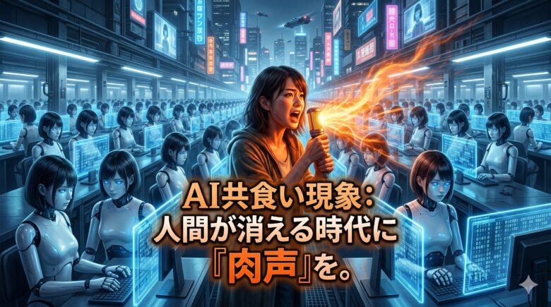 AIが生成・消費するデータの海の中で、人間らしい肉声を届けるイメージ