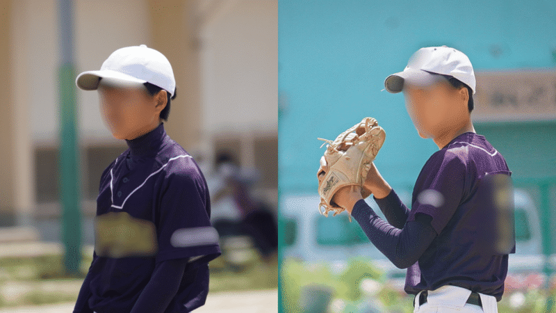 中1と中3のマウンド上の姿を左右で並べた少年野球のピッチャーの成長比較