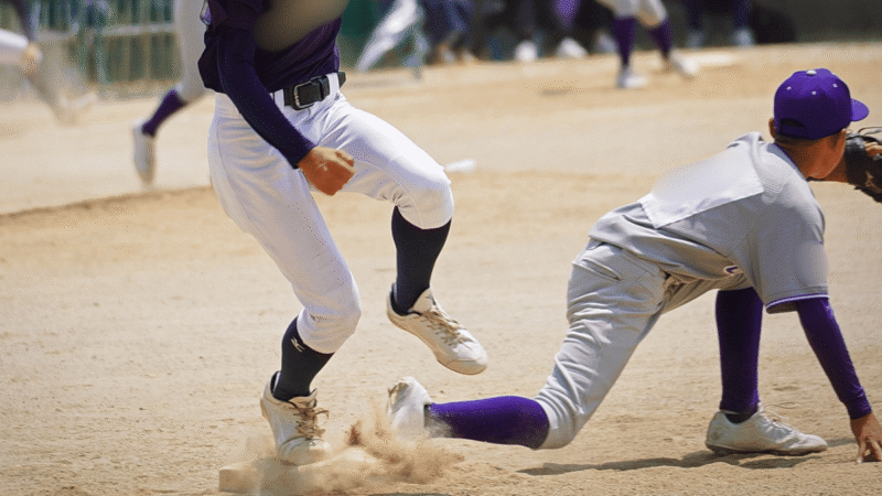 少年野球でバッターが一塁ベースを駆け抜けていく瞬間の画像