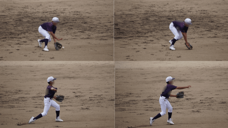 内野ゴロをキャッチして送球する一連の流れ