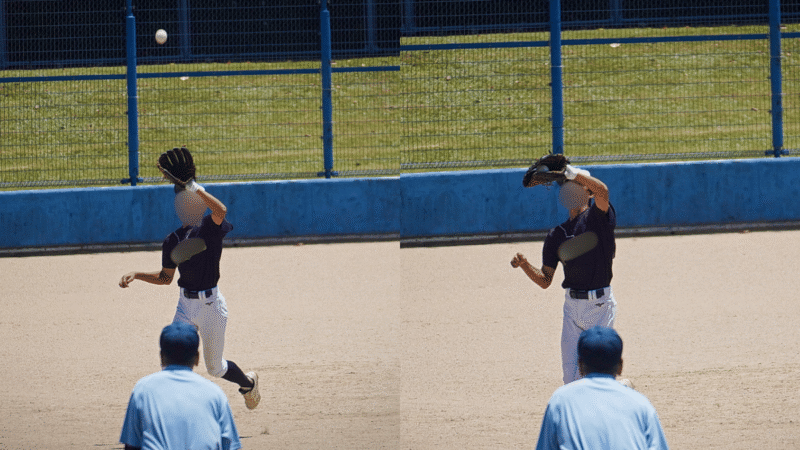 落下点で構える瞬間と捕球の瞬間を連写した少年野球の外野手
