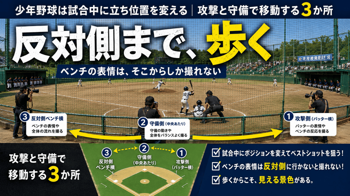 少年野球の撮影で相手応援席側まで移動する意味を、グラウンドの図で示した記事のタイトル画像
