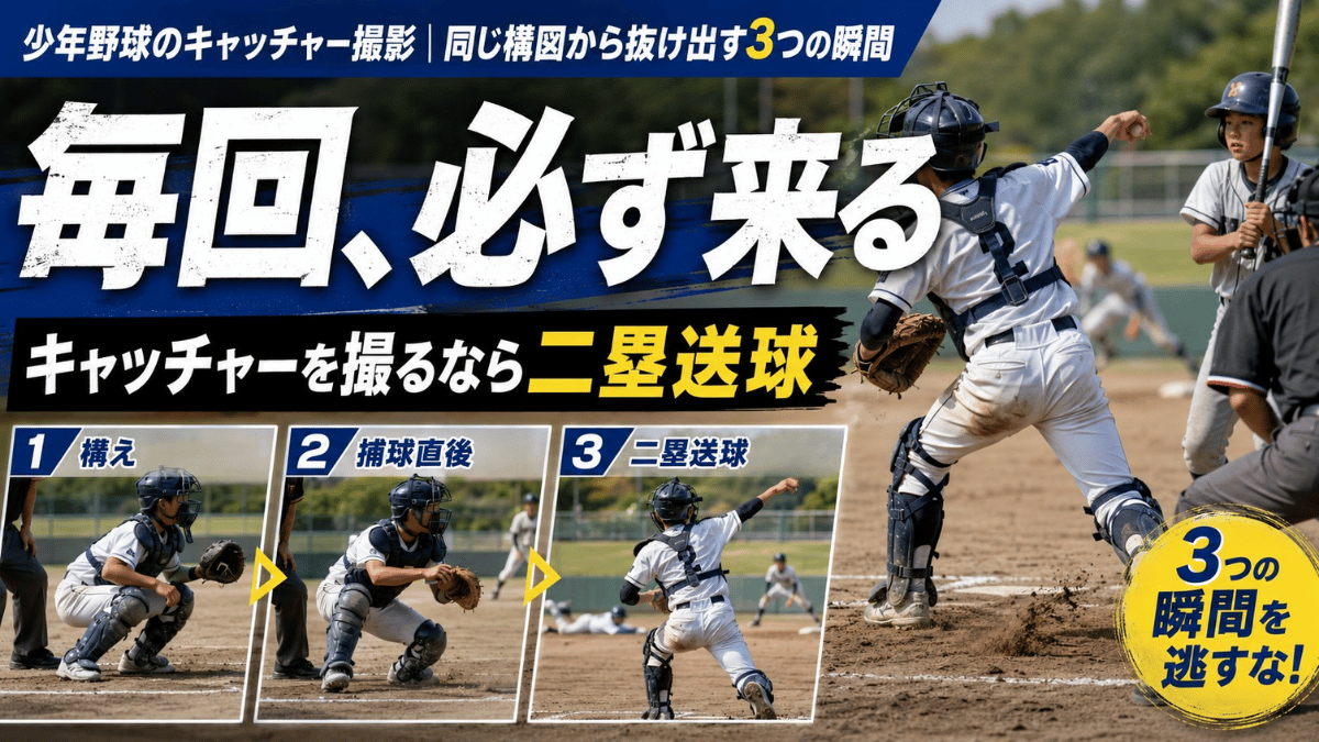 少年野球のキャッチャーを撮る狙い目として二塁送球を紹介する記事のタイトル画像