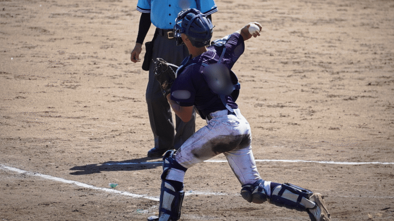 マスクを着けてミットを構える少年野球のキャッチャー