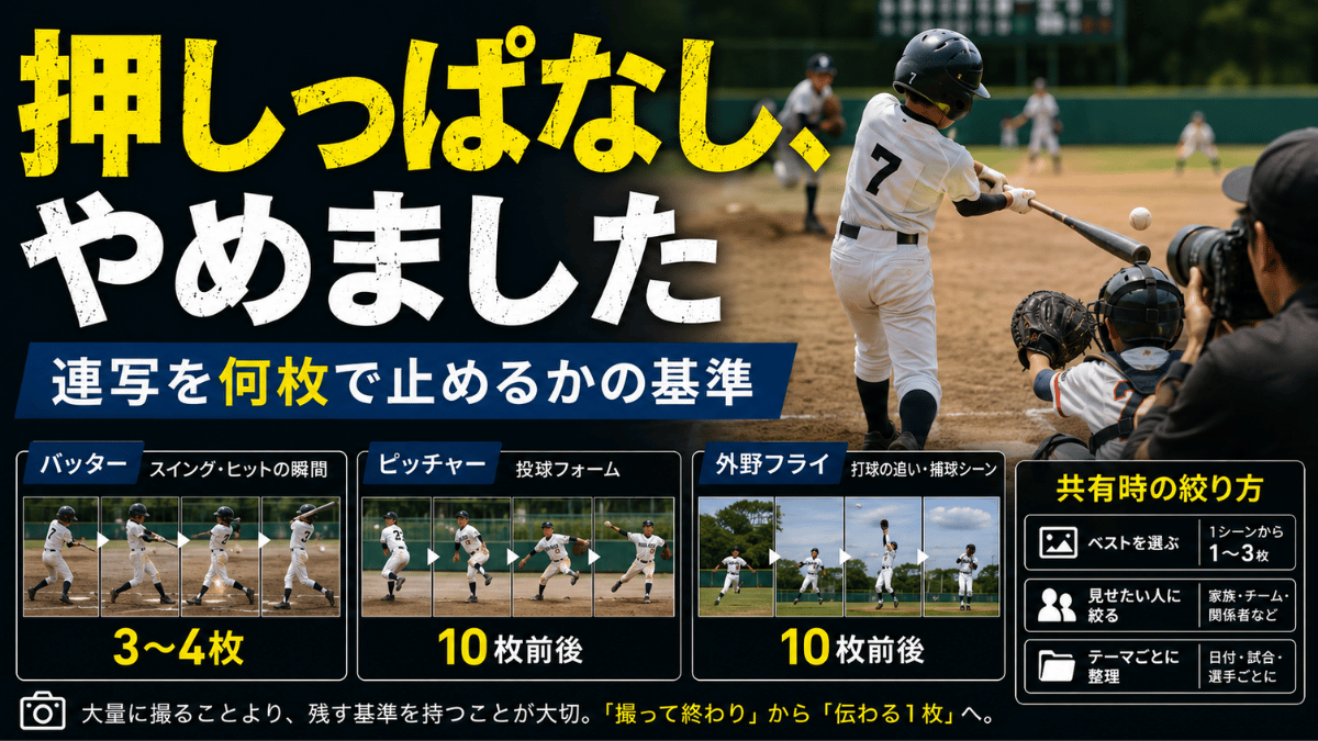 少年野球の連写を被写体ごとに何枚で止めるかを解説する記事のタイトル画像