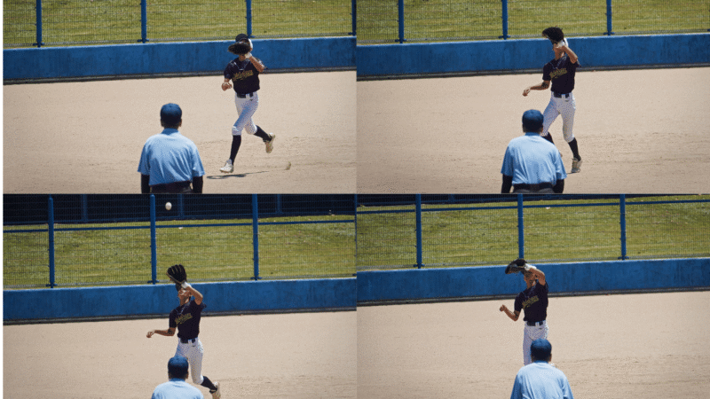 少年野球の外野手が捕球するまでの流れを連続写真で並べた画像