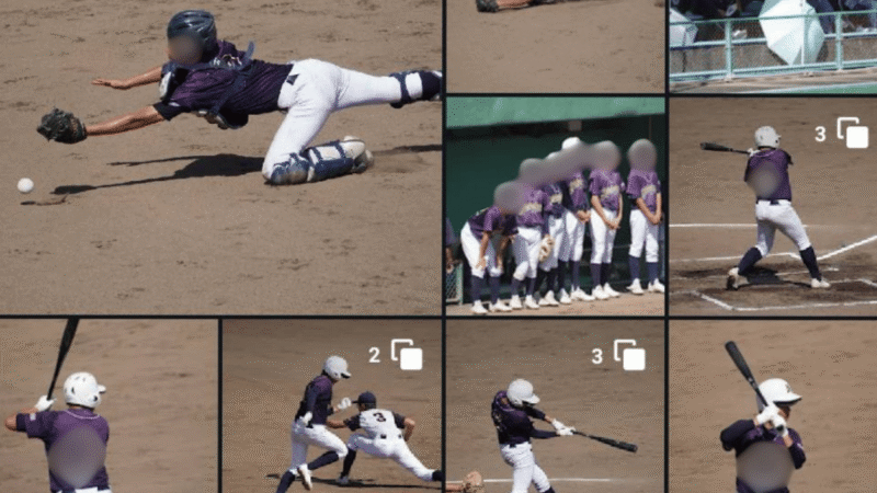 カメラから少年野球の写真が転送されたスマホ画面