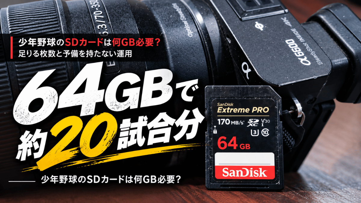 少年野球の撮影に使っている64GBのSDカードとミラーレスカメラ