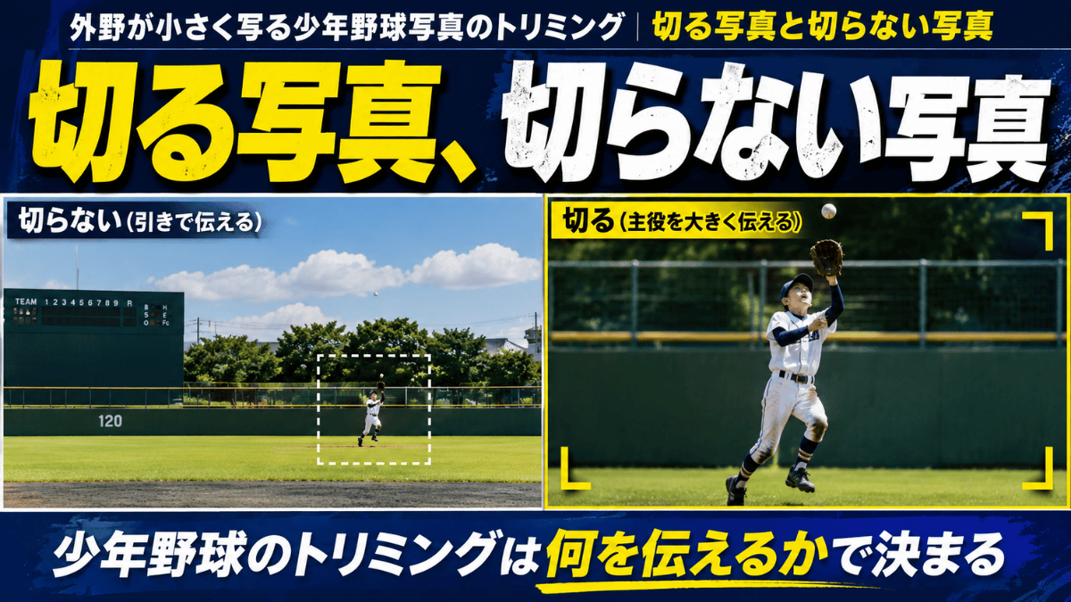 少年野球写真のトリミングで切る写真と切らない写真の判断基準を解説する記事のタイトル画像