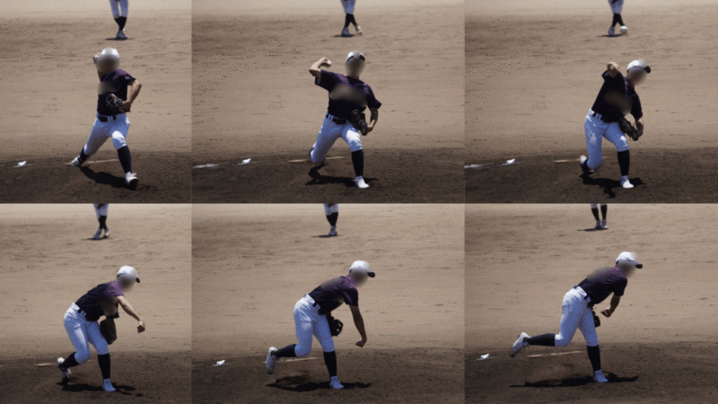 少年野球のピッチャーの投球フォームを連続写真で並べた画像